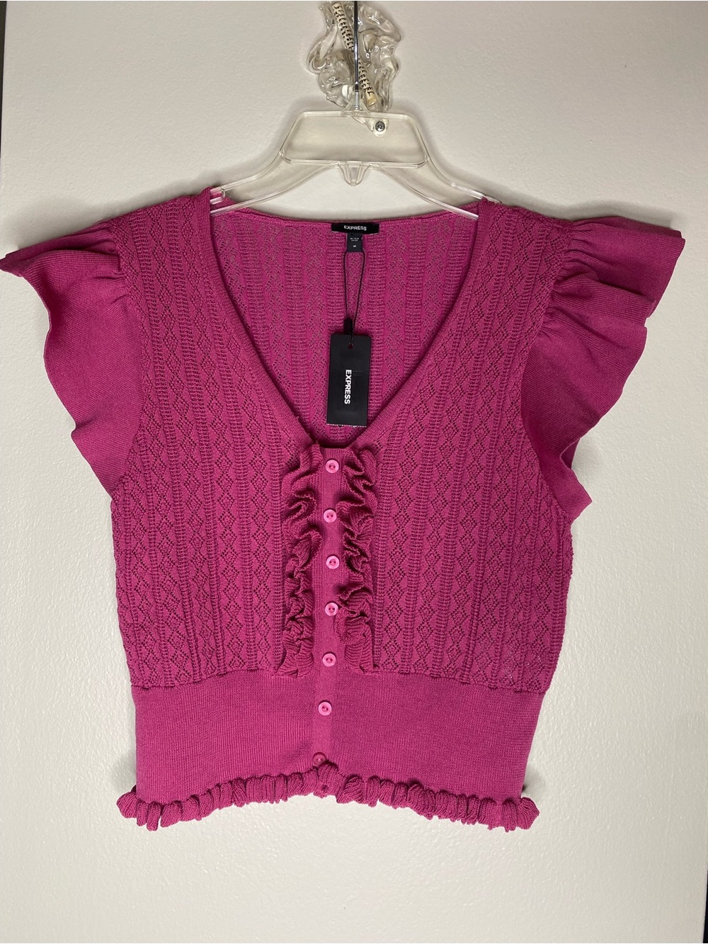NWT! Express Pink Pointelle Knit Ruffle Crop Sweater Top - Size M